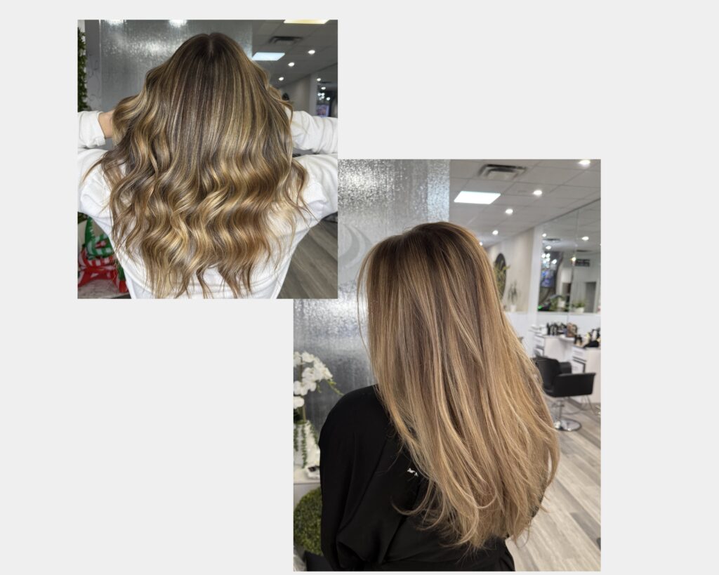 Freshly done balayage highlights on long wavy hair at William Tissert Salon